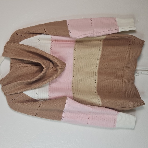Flamingo Colorblock Knit Hoodie Sweater Women’s XL Lace-  Pink, Cream, and Tan - Picture 7 of 9